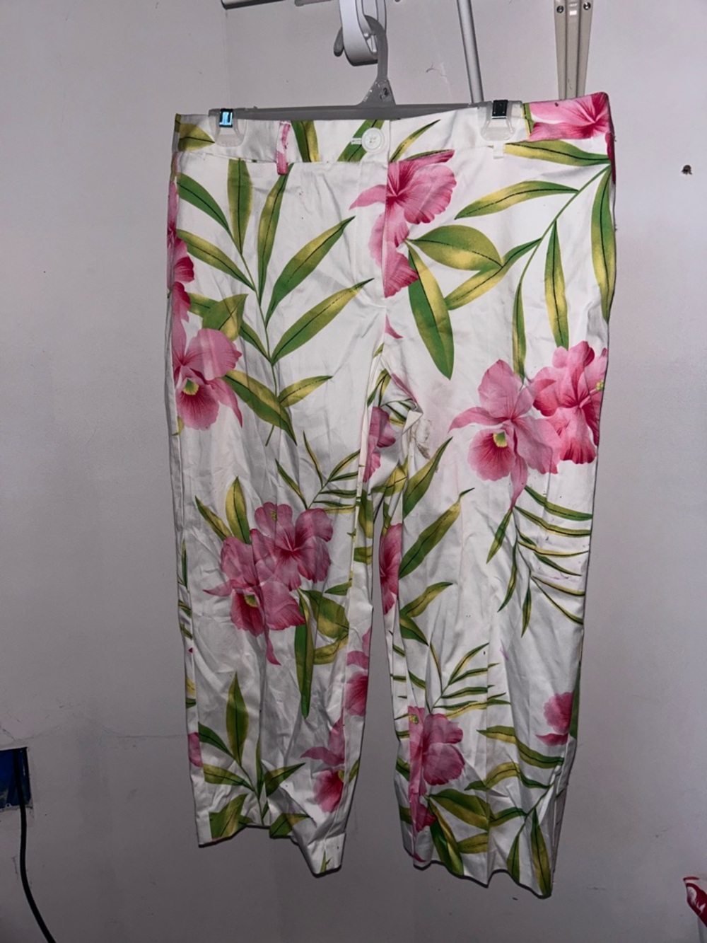 George White Floral Wide-Leg Tropical Print Pants - Pink & Green